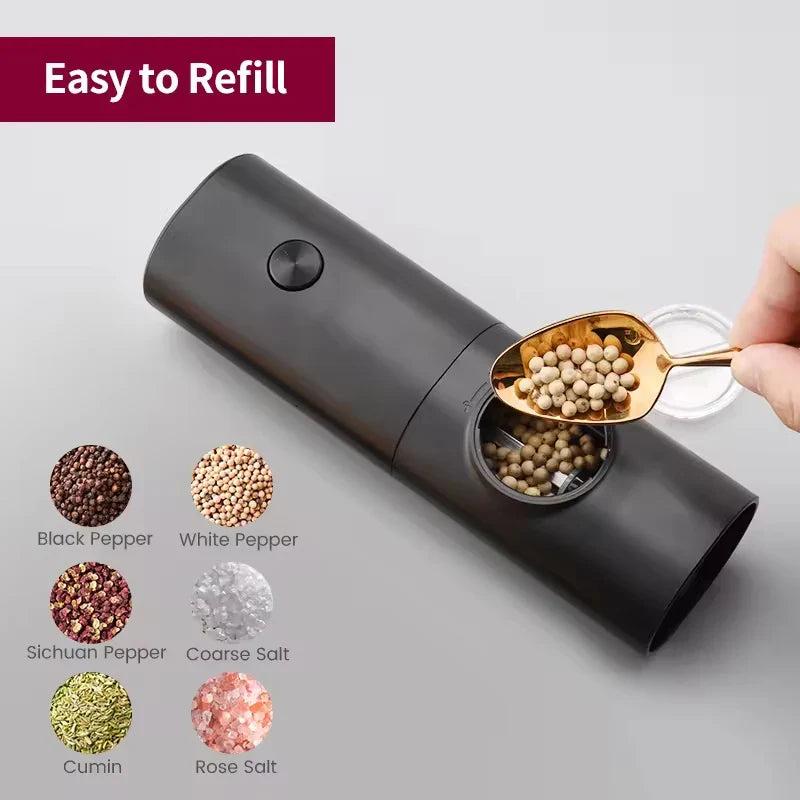 Electric Salt & Pepper Grinder Set with LED Light – Automatic One-Handed Spice Mill, Adjustable Coarseness, Stainless Steel & Ceramic Core Kitchen Tool